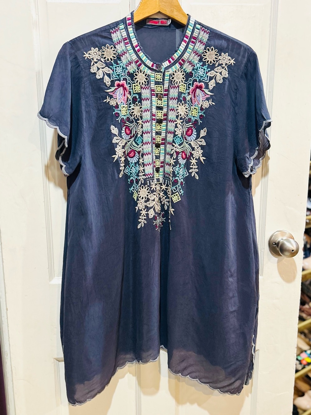 Johnny Was Gray Floral Embroidered Tunic Top Boho Hippie Summer Size M
